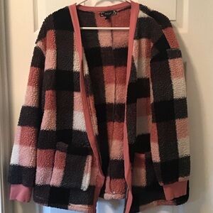 Derek Heart Pink and Black Sherpa Cardigan L